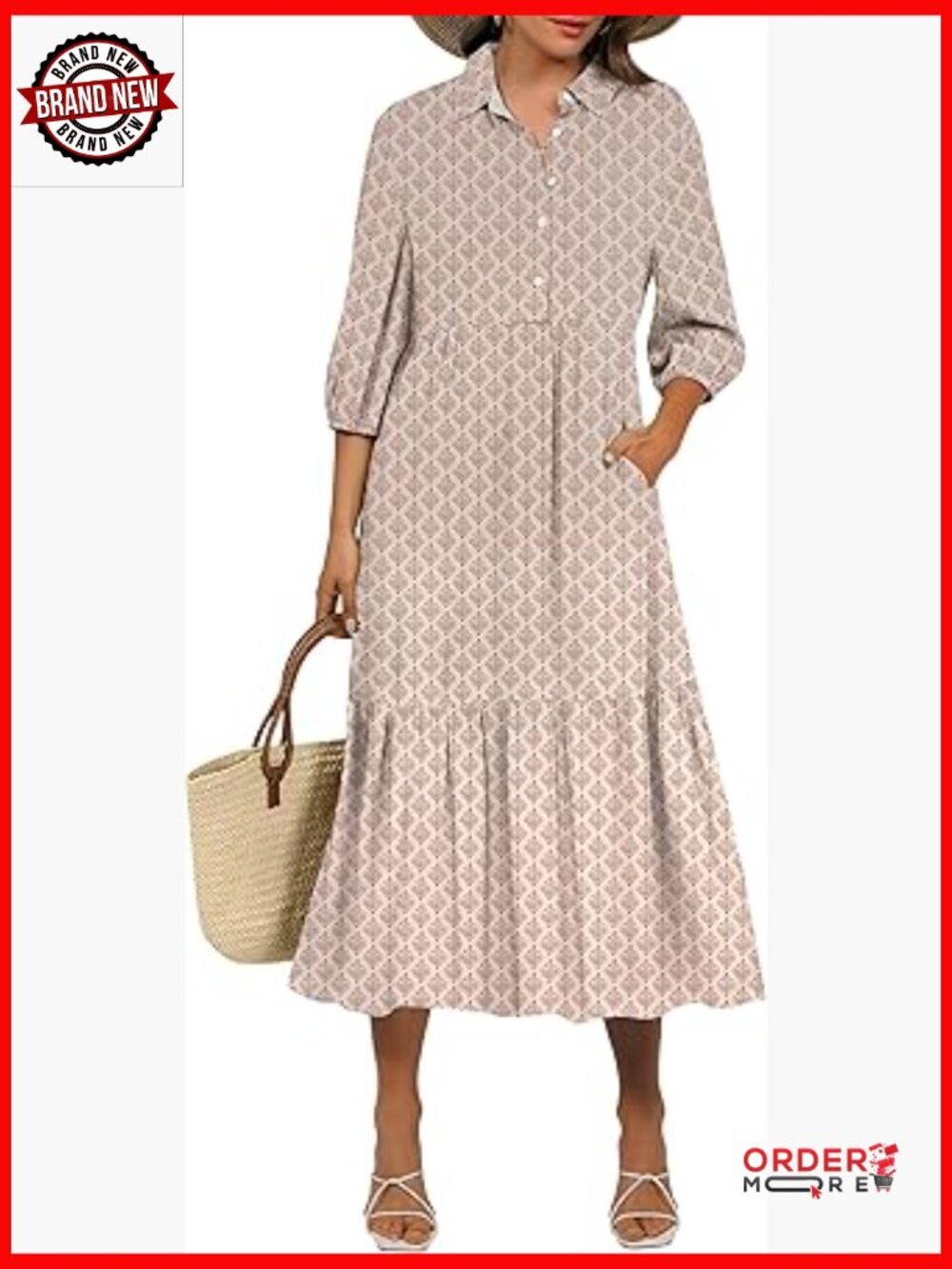 Women's 3/4 Puff Sleeve V Neck Floral Maxi Dress Casual Boho